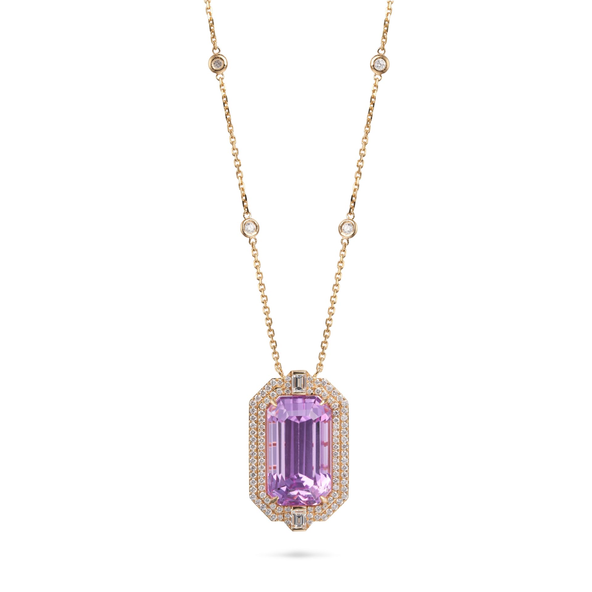 A KUNZITE AND DIAMOND PENDANT NECKLACE the pendant set with an octagonal step cut kunzite of 25.1...