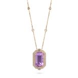 A KUNZITE AND DIAMOND PENDANT NECKLACE the pendant set with an octagonal step cut kunzite of 25.1...