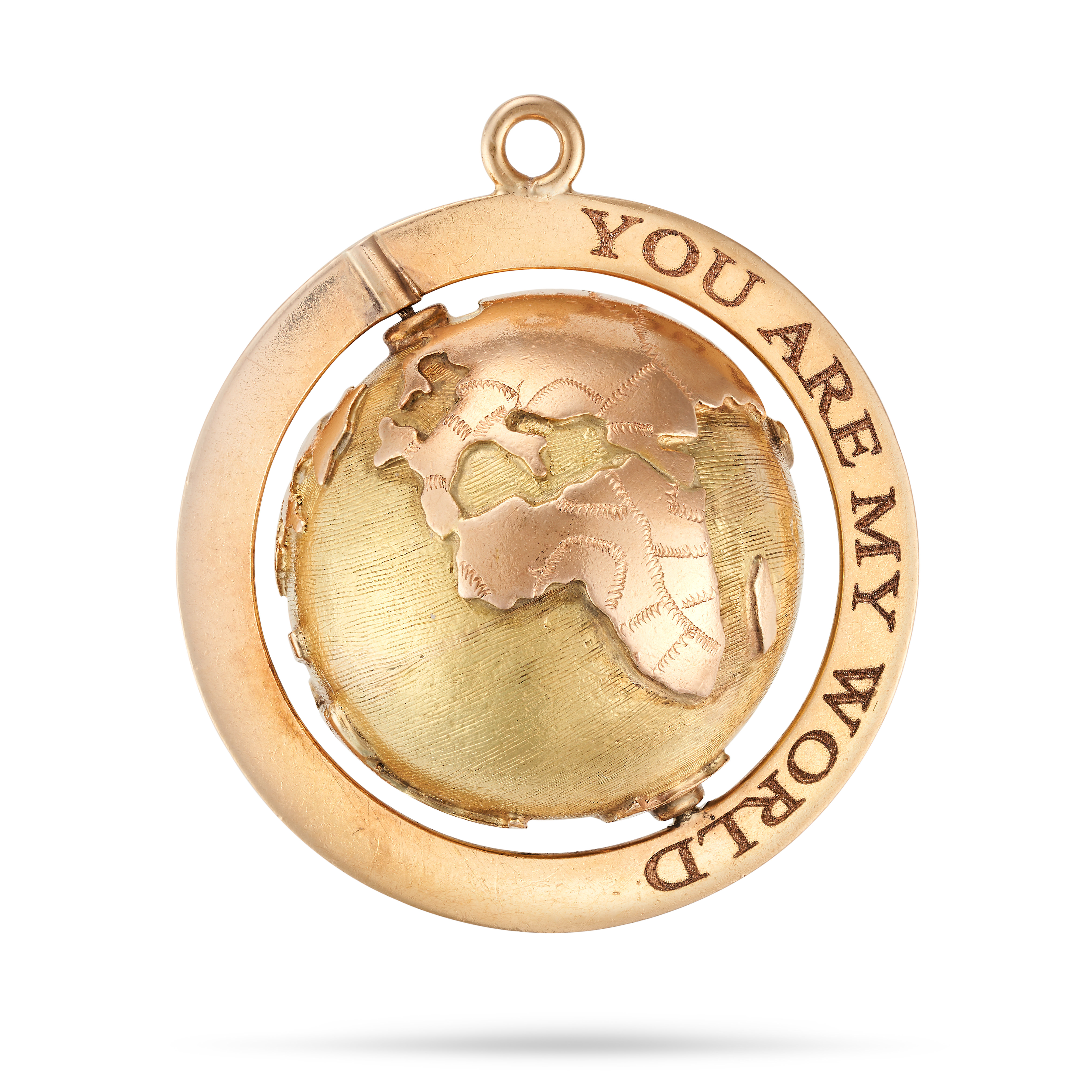 A GLOBE PENDANT the rotating globe in a border engraved 'YOU ARE MY WORLD', no assay marks, 3.0cm...