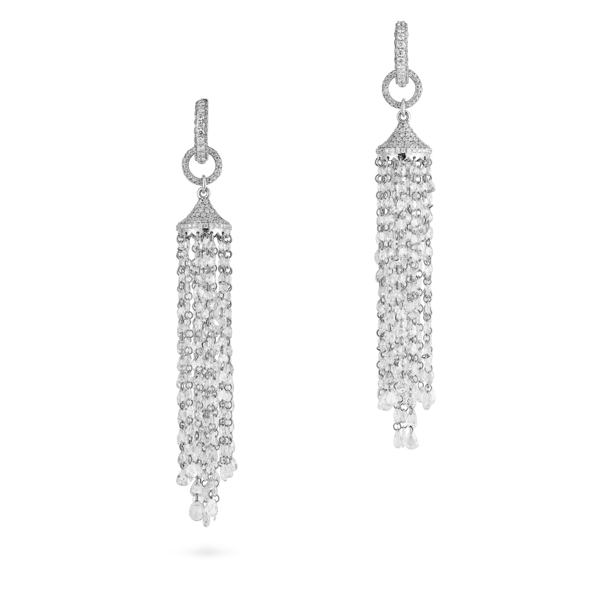 A PAIR OF DIAMOND DROP EARRINGS each designed as a hoop pave set with round brilliant cut diamond...