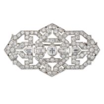 A FRENCH DIAMOND PLAQUE  BROOCH in platinum, the openwork geometric brooch set to the centre with...