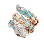 ALEXIS NY, A DIAMOND, SAPPHIRE AND ENAMEL SNAKE RING comprising a row of articulated links decora...