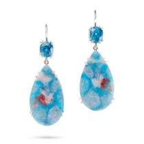 A PAIR OF BLUE ZIRCON AND TOURMALINE SLICE DROP EARRINGS each set with a cushion cut blue zircon ...