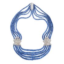 A CONVERTIBLE SAPPHIRE AND DIAMOND NECKLACE / PAIR OF CLIP BROOCHES comprising five rows of polis...