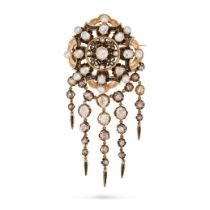 AN ANTIQUE FRENCH DIAMOND, PEARL AND ENAMEL BROOCH / PENDANT in 18ct yellow gold, the openwork br...