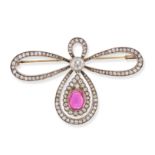 A FINE ANTIQUE BELLE EPOQUE PINK SAPPHIRE AND DIAMOND BROOCH in yellow gold and silver, designed ...