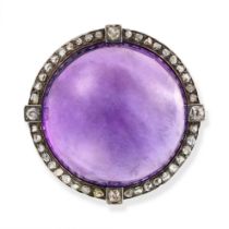 AN ANTIQUE AMETHYST AND DIAMOND BROOCH in yellow gold and silver, set with a round cabochon ameth...