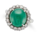 AN EMERALD AND DIAMOND CLUSTER RING set with a round cabochon emerald of approximately 5.35 carat...
