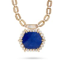 A VINTAGE LAPIS LAZULI AND DIAMOND PENDANT NECKLACE, 1970S comprising a row of openwork links set...