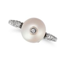 A PEARL AND DIAMOND RING set with a pearl of 9.8mm set with a rose cut diamond, the shoulders set...