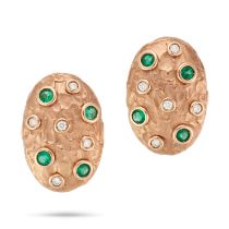 MANGIAROTTI, A PAIR OF EMERALD AND DIAMOND EARRINGS in yellow gold, each set with round brilliant...