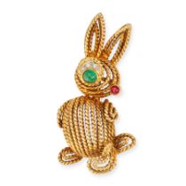 A VINTAGE EMERALD, RUBY AND DIAMOND RABBIT BROOCH in 18ct yellow gold, comprising twisted wirewor...