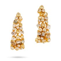 A PAIR OF FANCY COLOUR DIAMOND EARRINGS each designed as a half hoop set throughout with variousl...