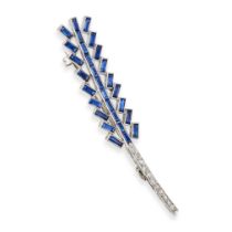 A SAPPHIRE AND DIAMOND FEATHER BROOCH set with rectangular step cut sapphires and round cut diamo...