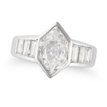 A DIAMOND DRESS RING set with a hexagonal step cut diamond of approximately 1.75 carats, the shou...