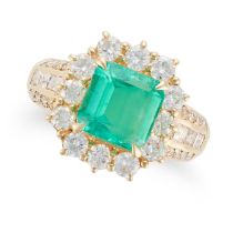 AN EMERALD AND DIAMOND CLUSTER RING set with an octagonal step cut emerald of 2.35 carats in a cl...