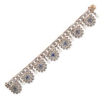 AN ANTIQUE SAPPHIRE, PEARL AND DIAMOND BRACELET in yellow gold and silver, the openwork bracelet ...