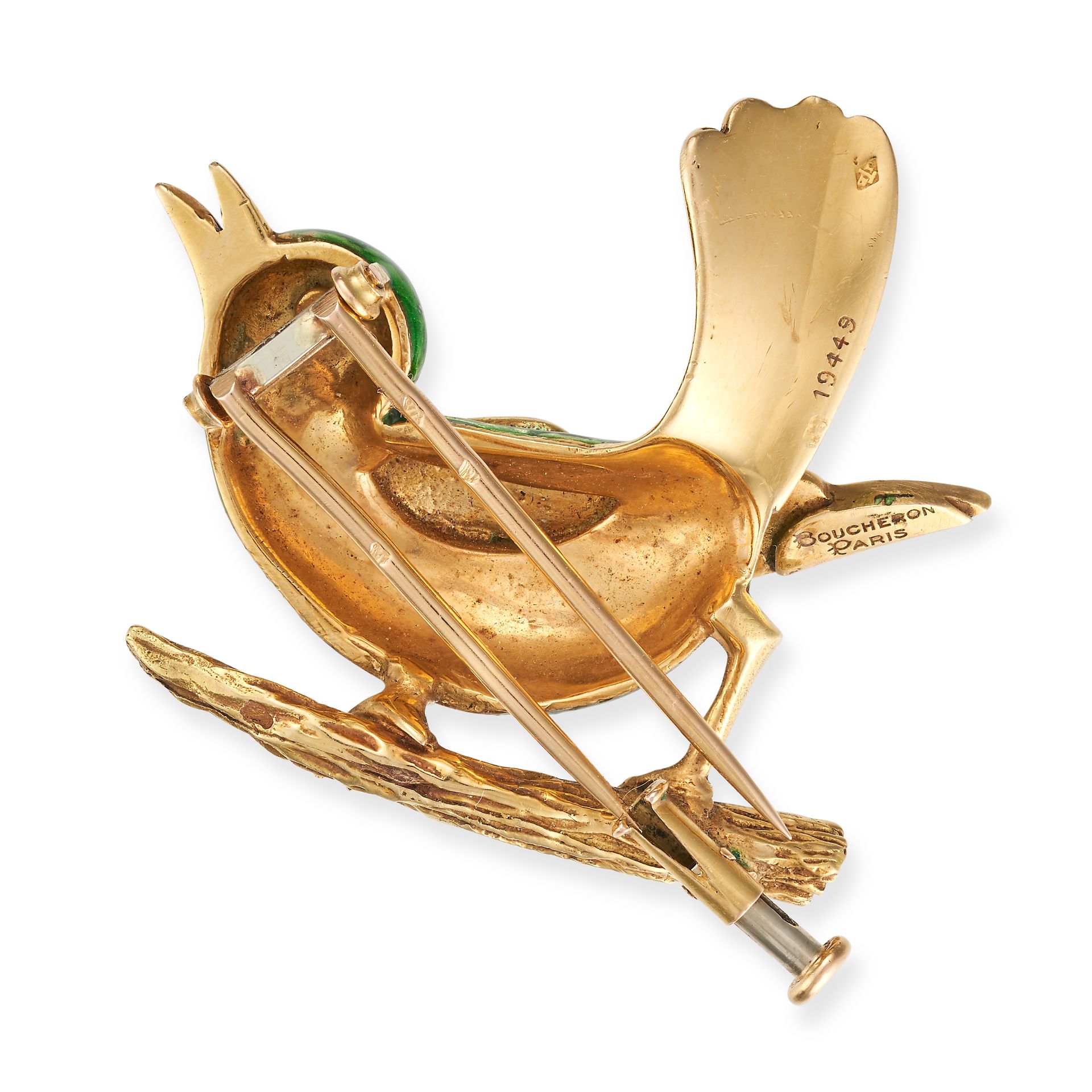 BOUCHERON, AN ENAMEL AND RUBY BIRD BROOCH in 18ct yellow gold, designed as a bird perched on a br... - Image 2 of 2