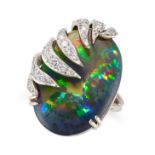 A BLACK OPAL AND DIAMOND RING set with a cabochon black opal of approximately 19.89 carats in a s...