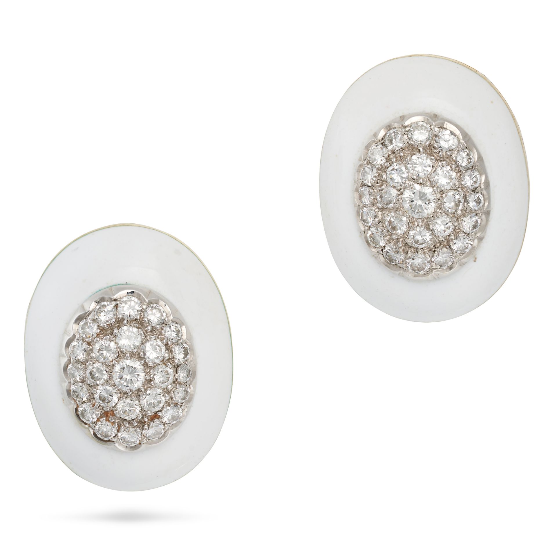 A PAIR OF DIAMOND AND ENAMEL EARRINGS each domed face set with a cluster of round brilliant cut d...