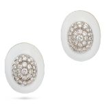 A PAIR OF DIAMOND AND ENAMEL EARRINGS each domed face set with a cluster of round brilliant cut d...