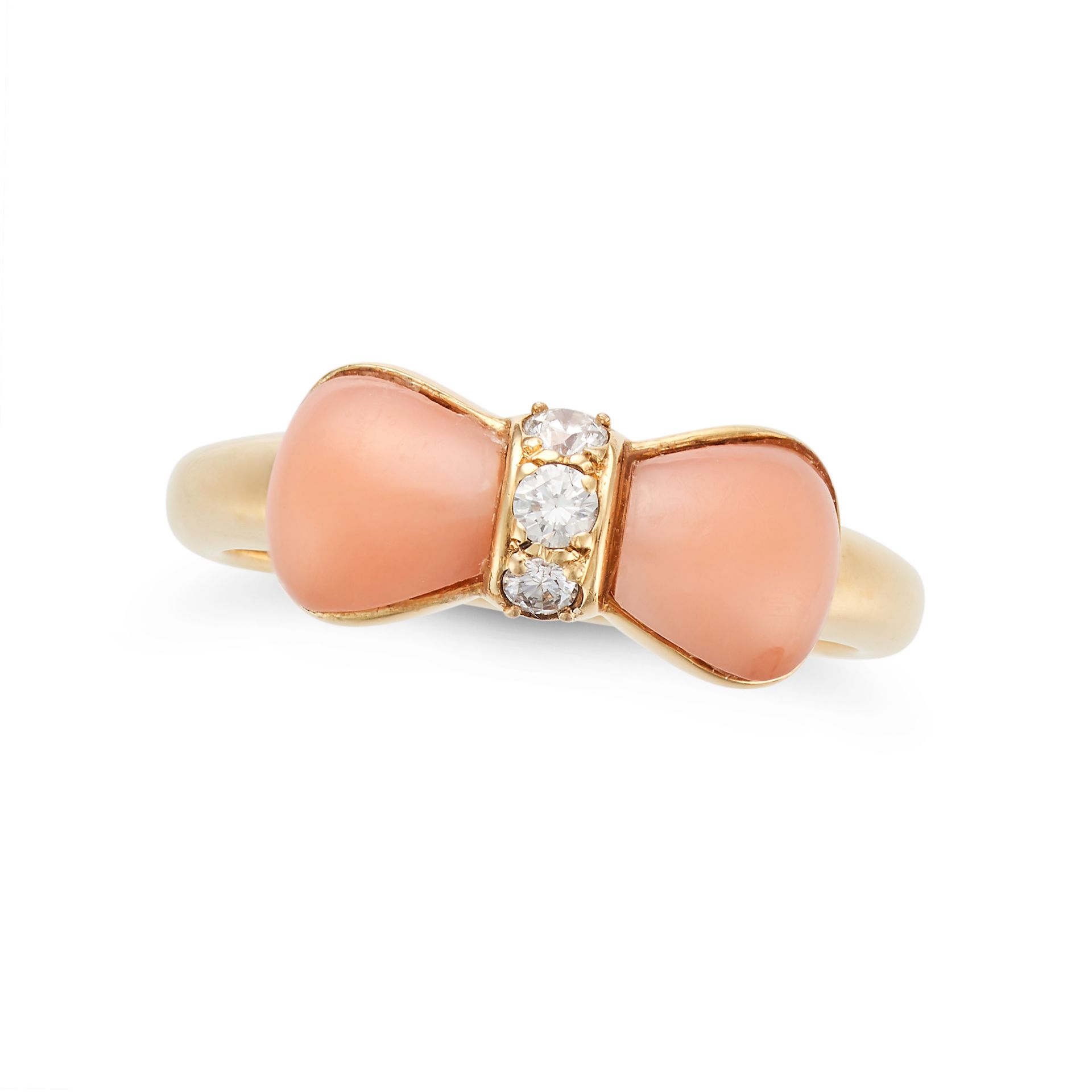 VAN CLEEF & ARPELS, A CORAL AND DIAMOND BOW RING in 18ct yellow gold, designed as a bow set with ...