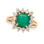 A COLOMBIAN EMERALD AND DIAMOND CLUSTER RING set with an octagonal step cut emerald of 2.31 carat...