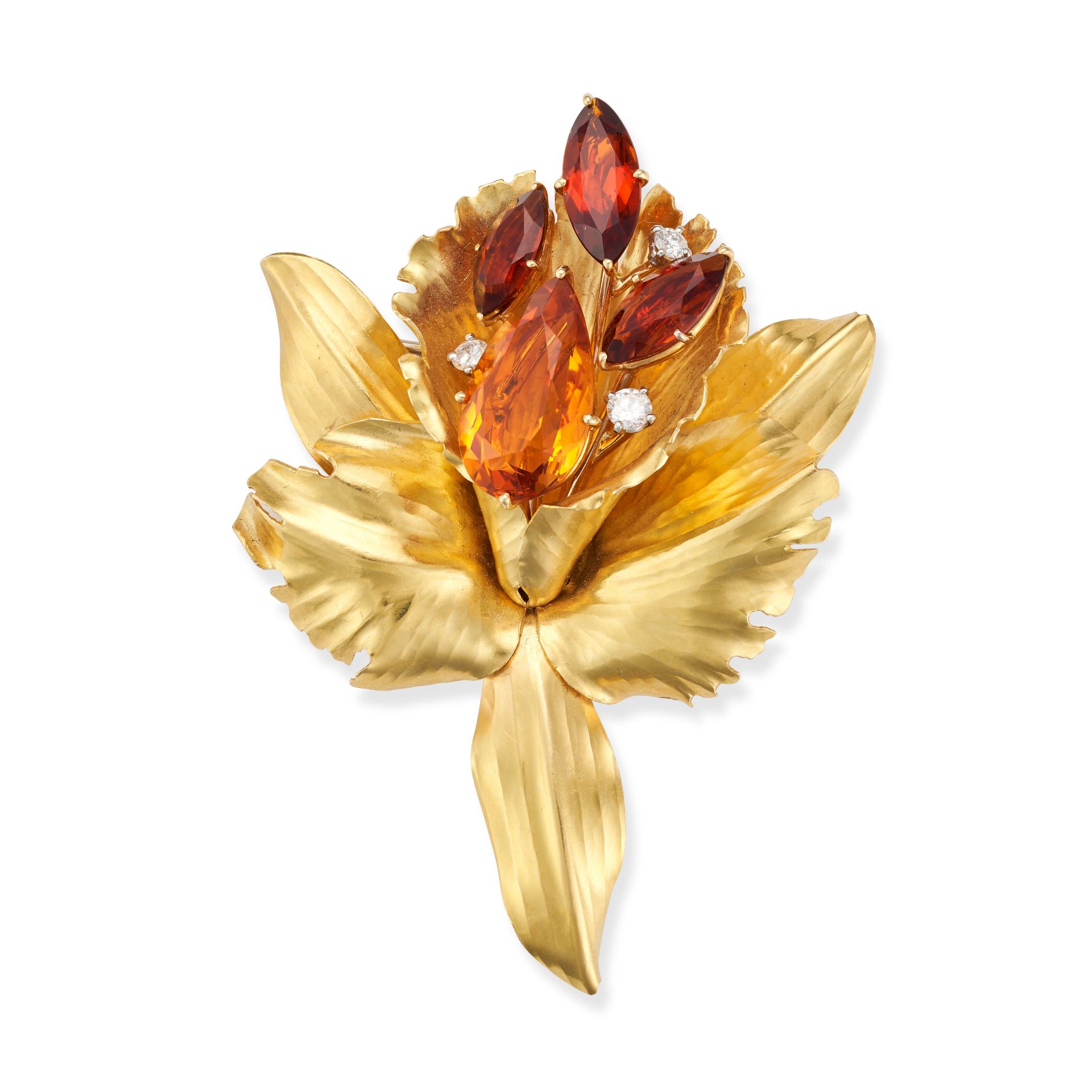 CARTIER, A CITRINE AND DIAMOND FLOWER BROOCH in 18ct yellow gold, designed as a flower head set w...