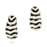DAVID WEBB, A PAIR OF ENAMEL CLIP EARRINGS each in hoop design decorated with rows of black and w...