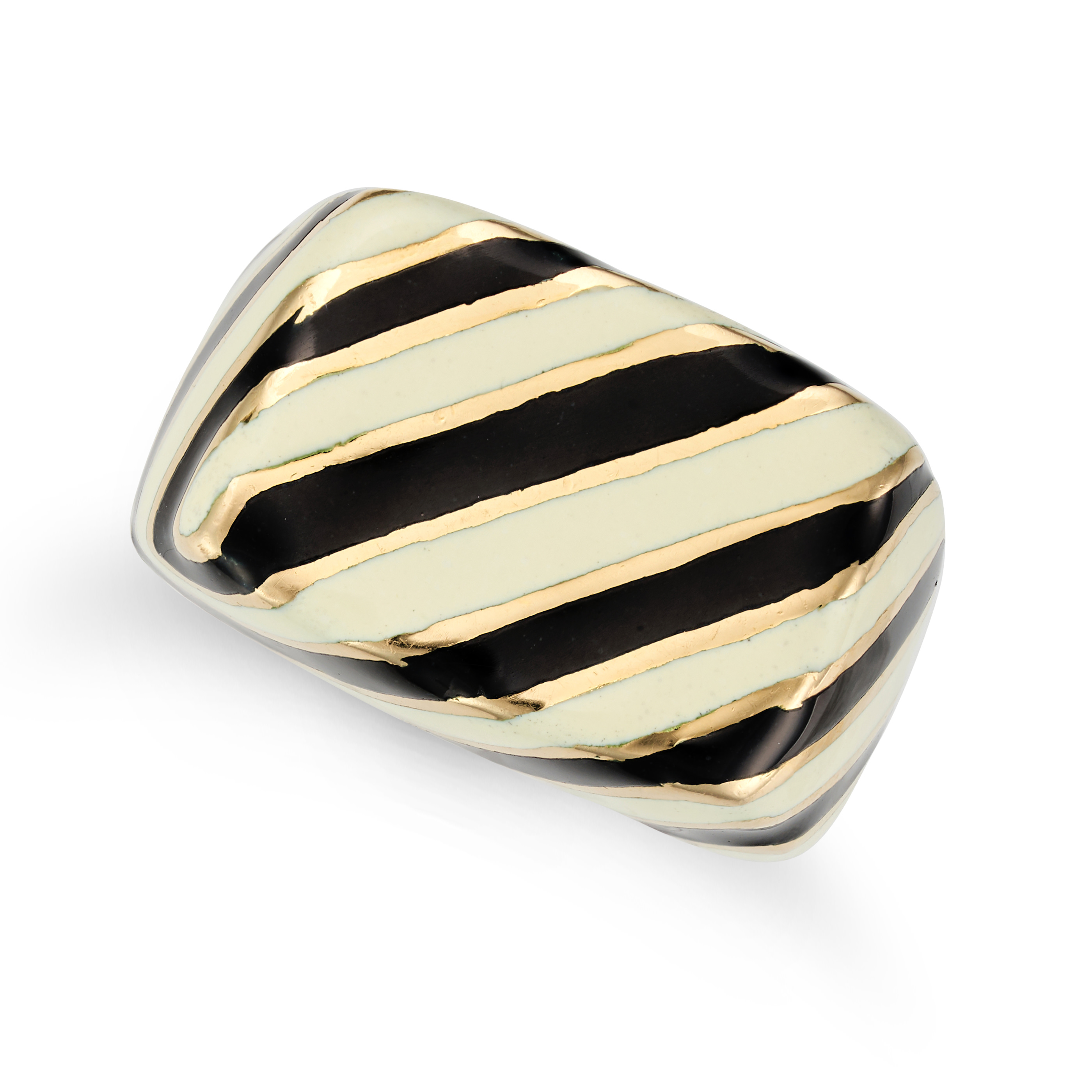 DAVID WEBB, AN ENAMEL DRESS RING decorated throughout with stripes of black and cream enamel, sig...