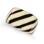 DAVID WEBB, AN ENAMEL DRESS RING decorated throughout with stripes of black and cream enamel, sig...