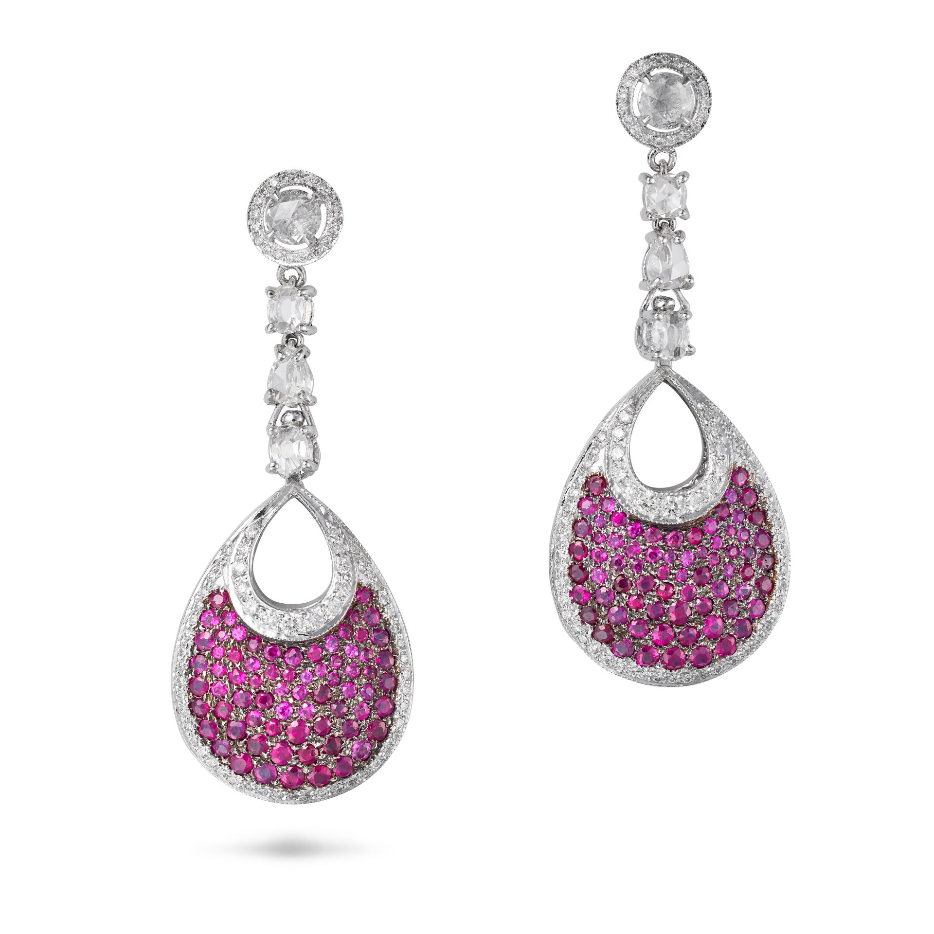 A PAIR OF REVERSIBLE RUBY, SAPPHIRE AND DIAMOND DROP EARRINGS each comprising a row of rose cut d...
