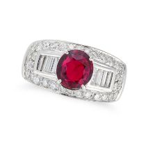 AN UNHEATED RUBY AND DIAMOND RING set with a round cut ruby of 1.95 carats accented by round bril...
