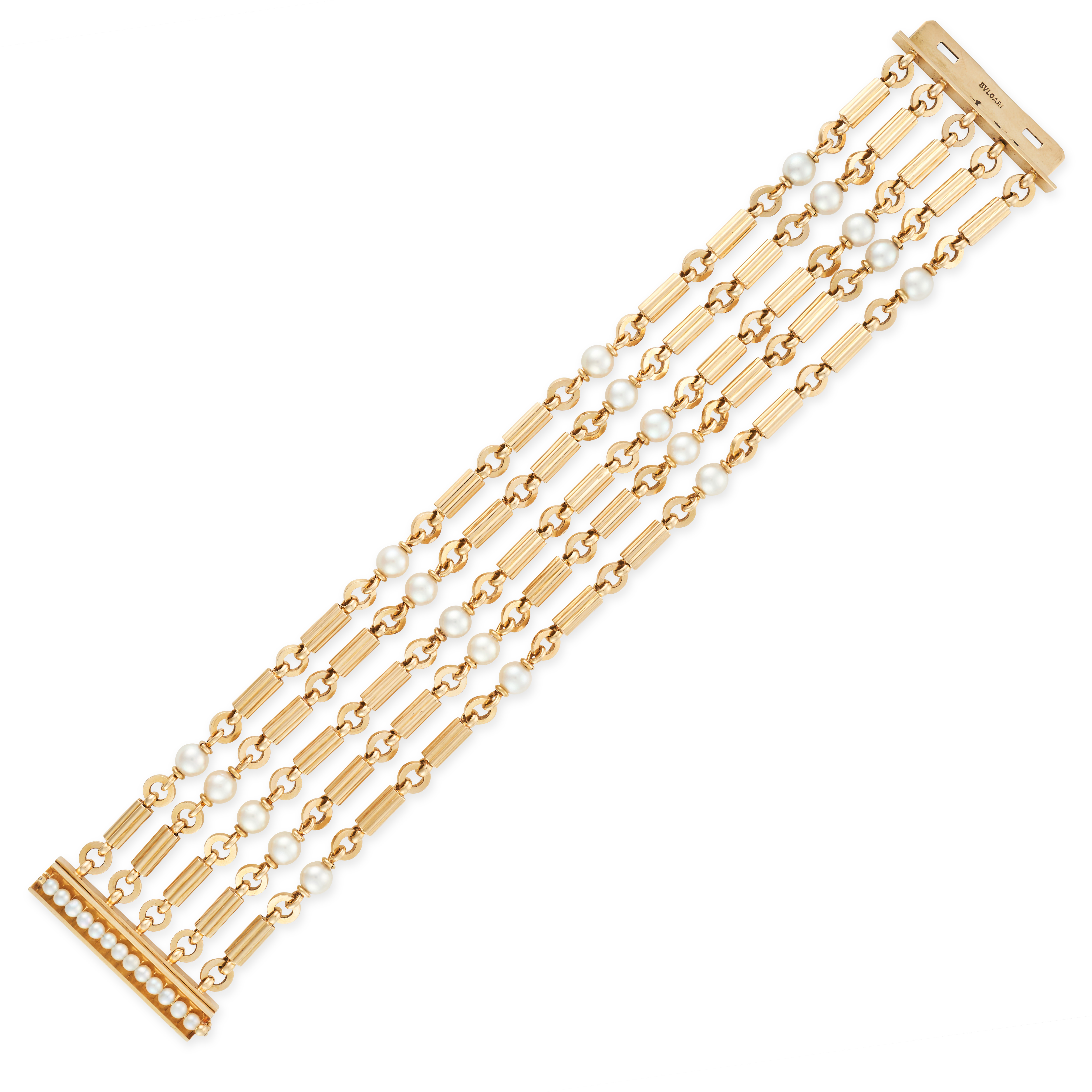 BULGARI, A PEARL BRACELET comprising five rows of fancy links set with pearls, the clasp set with...