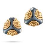 BULGARI, A PAIR OF HEMATITE EARRINGS each set with polished hematite accented by modular gold sec...