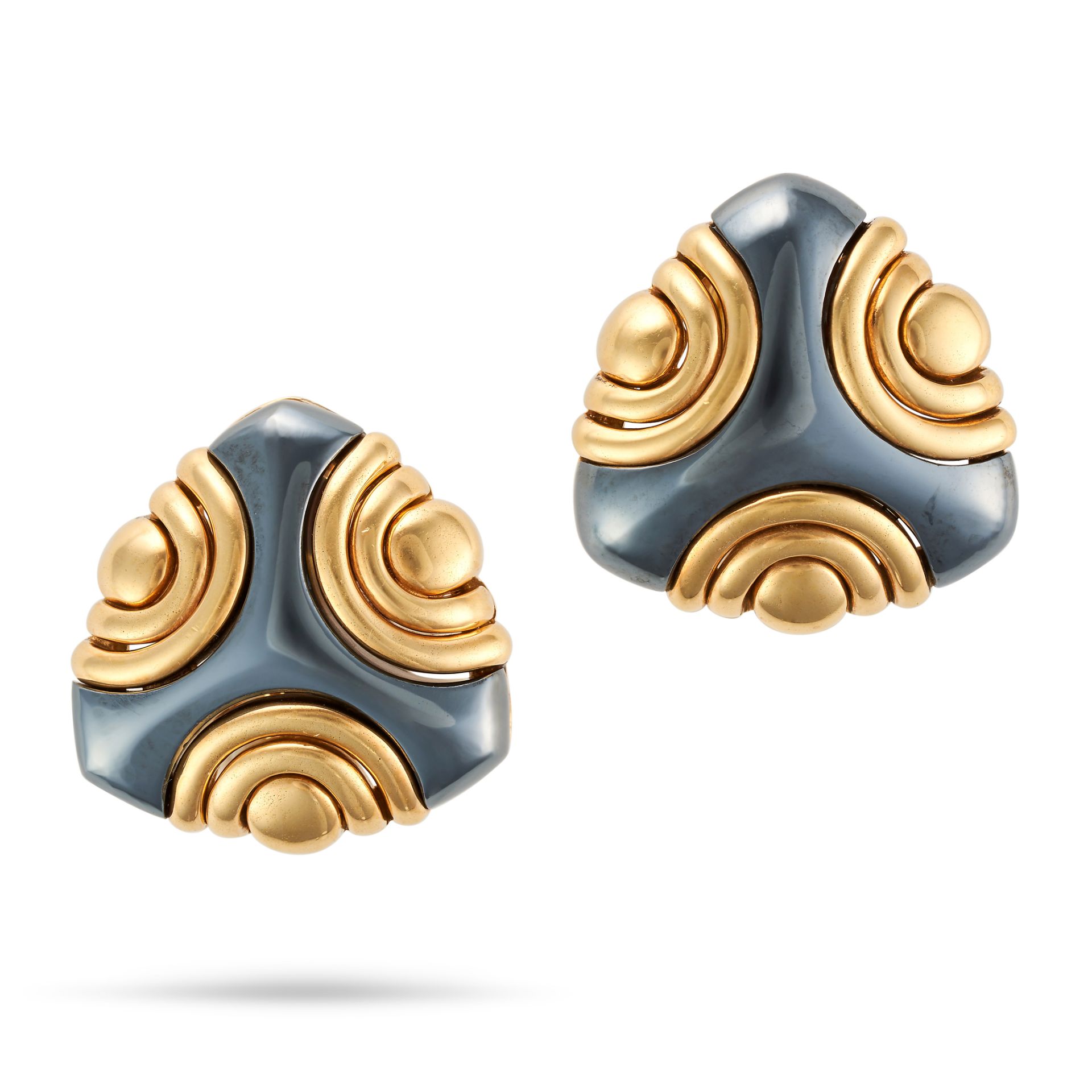 BULGARI, A PAIR OF HEMATITE EARRINGS each set with polished hematite accented by modular gold sec...