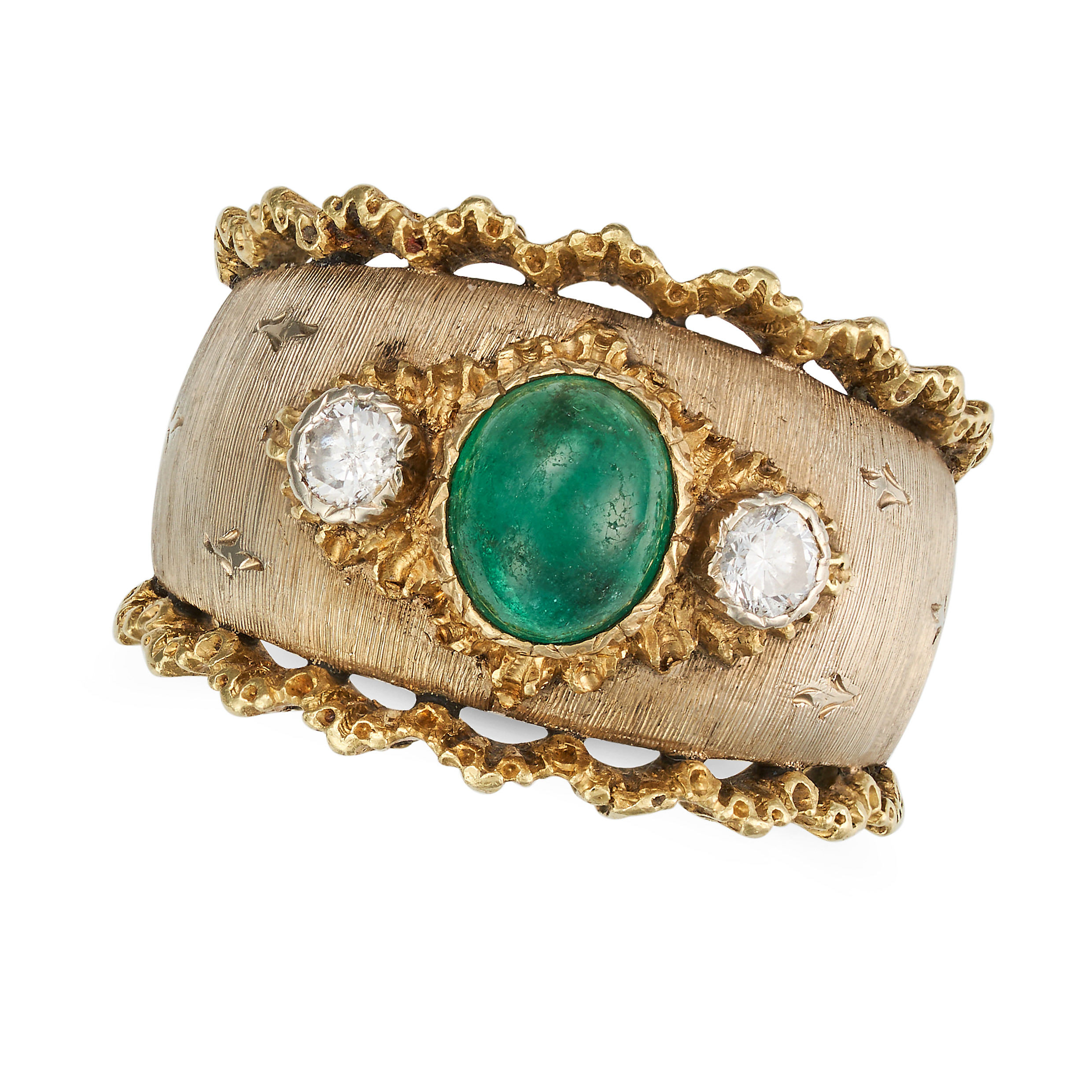 BUCCELLATI, AN EMERALD AND DIAMOND RING set with an oval cabochon emerald accented on each side b...