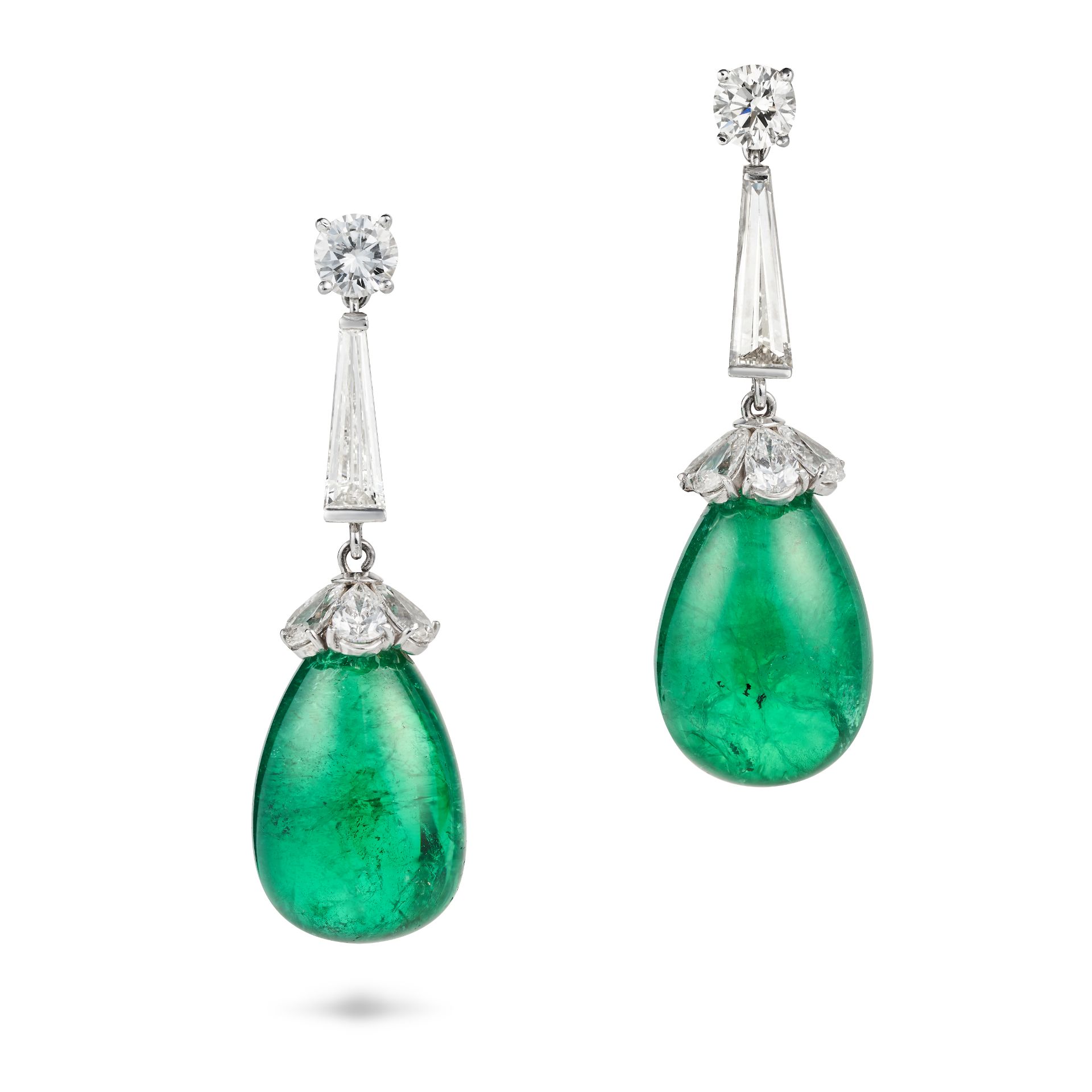 TIFFANY & CO., A PAIR OF EMERALD AND DIAMOND DROP EARRINGS each comprising a round brilliant cut ...
