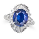 A SAPPHIRE AND DIAMOND DRESS RING set with an oval cut sapphire of approximately 4.00 carats, in ...