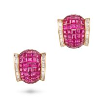 A PAIR OF RUBY AND DIAMOND EARRINGS each comprising a domed section of invisibly set square step ...