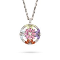 ASPREY, A MULTIGEM FLORAL PENDANT NECKLACE the circular pendant in floral design set with marquis...