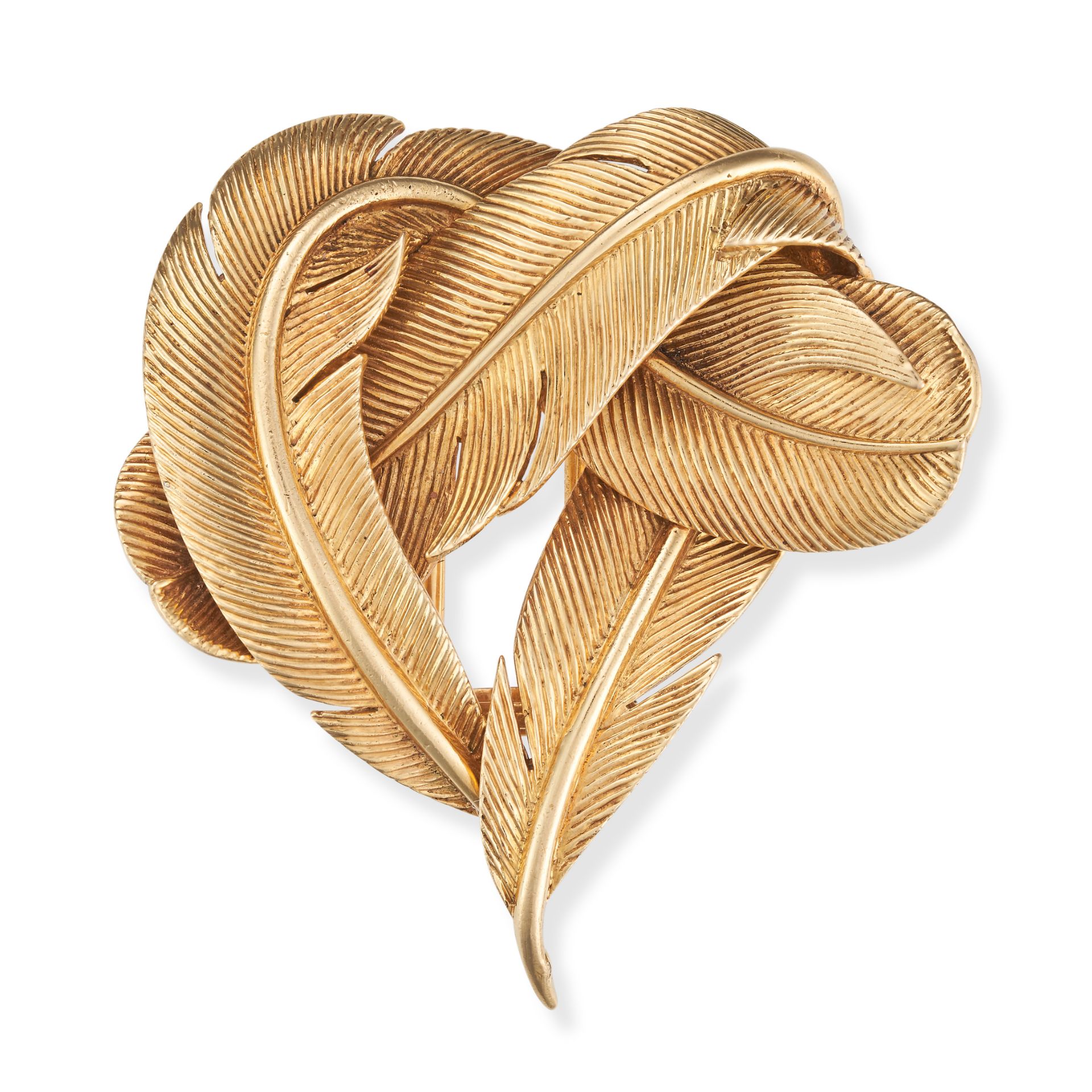 HERMES, A GOLD FEATHER CLIP BROOCH in 18ct yellow gold, designed as three entwined feathers, sign...