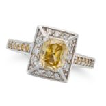 A NATURAL FANCY DEEP BROWNISH YELLOW AND WHITE DIAMOND RING set with a cut cornered rectangular m...