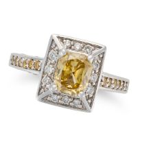 A NATURAL FANCY DEEP BROWNISH YELLOW AND WHITE DIAMOND RING set with a cut cornered rectangular m...