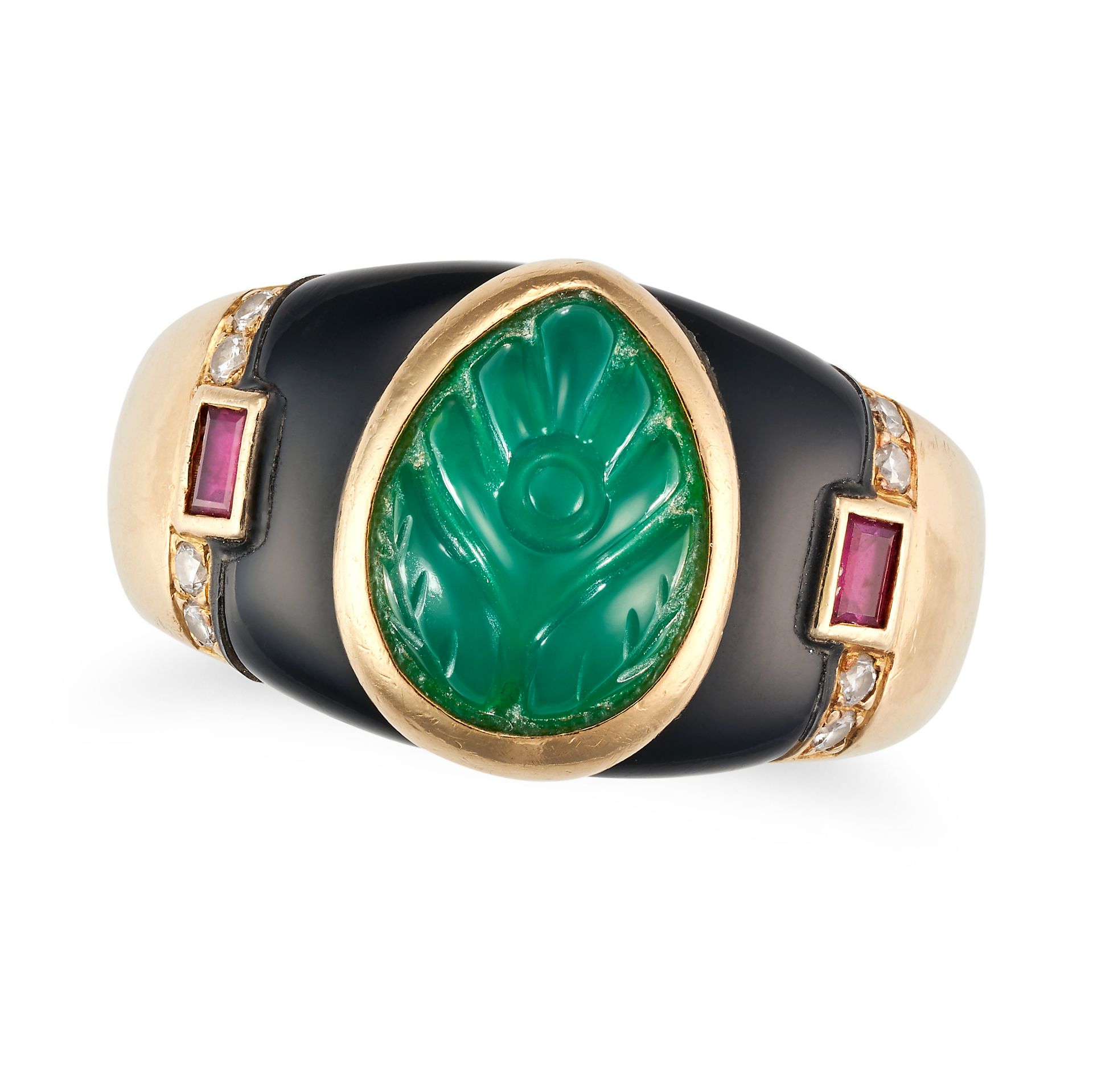 CARTIER, A VINTAGE CHRYSOPRASE, ONYX, RUBY AND DIAMOND DRESS RING in 18ct yellow gold, set with a...