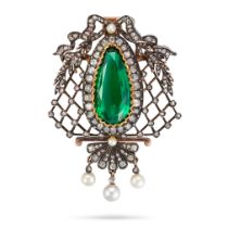 AN ANTIQUE GREEN PASTE, DIAMOND AND PEARL PENDANT in yellow gold and silver, set with a pear shap...