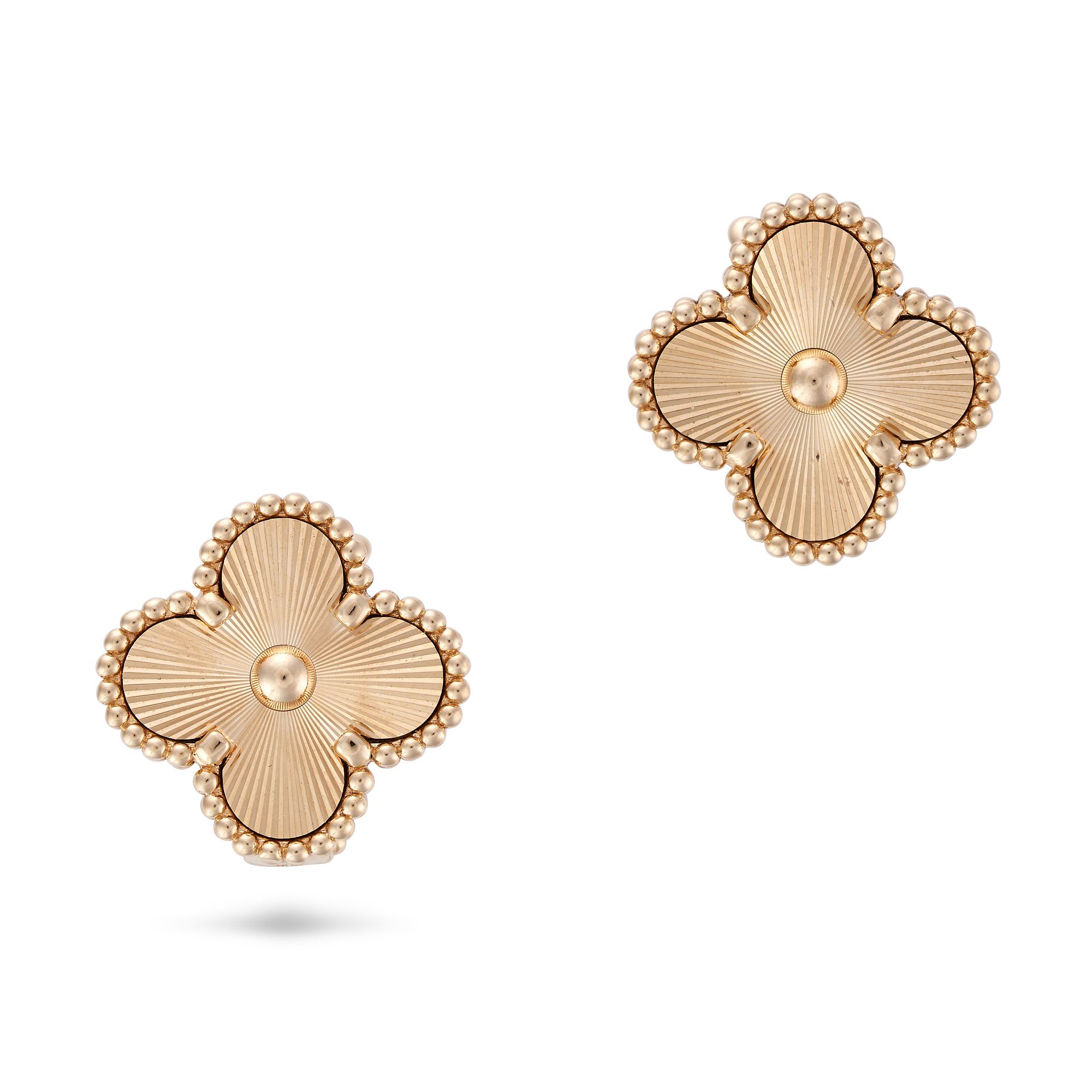 VAN CLEEF & ARPELS, A PAIR OF VINTAGE ALHAMBRA EARRINGS in 18ct yellow gold, each comprising a qu...