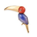 LACLOCHE, A CORAL, BLUE CHALCEDONY AND DIAMOND TOUCAN BROOCH in 18ct yellow gold, designed as a t...