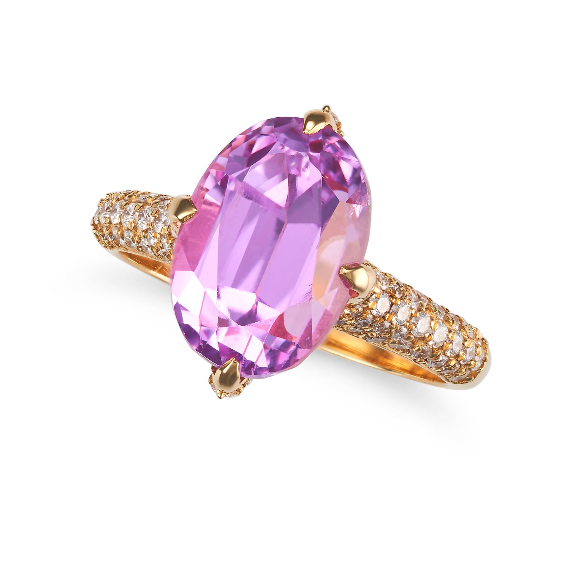A KUNZITE AND DIAMOND RING set with an oval cut kunzite of 8.28 carats, the claw setting and band...
