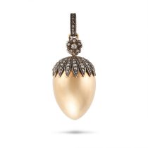 AN ANTIQUE RUSSIAN DIAMOND ACORN LOCKET / PENDANT in yellow gold and silver, the pendant designed...